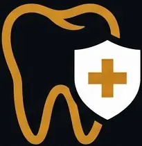 Tooth icon with protective shield and cross symbol, representing dental health and safety, relevant to LuxOra Dental's services.