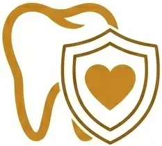 Dental icon featuring a tooth and a shield with a heart, symbolizing dental health and protection at LuxOra Dental Practice.