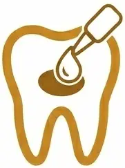 Dental filling process illustration featuring a tooth with a dropper applying filling material, symbolizing dental care and treatment services at LuxOra Dental Practice.