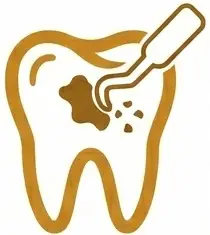Dental filling process illustration showing a tooth with decay being treated by a dental instrument, representing LuxOra Dental Practice's services for enhancing oral health.