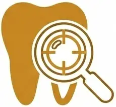 Dental filling process illustration with a tooth and magnifying glass, symbolizing dental care and treatment services at LuxOra Dental Practice.