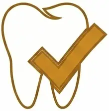Dental icon featuring a tooth with a check mark, symbolizing successful dental treatments and care at LuxOra Dental Practice.