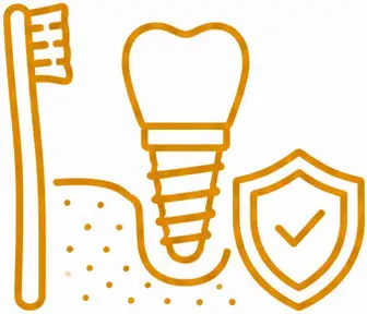 Dental implant graphic featuring an implant, toothbrush, and shield symbolizing oral health and safety in dental care.