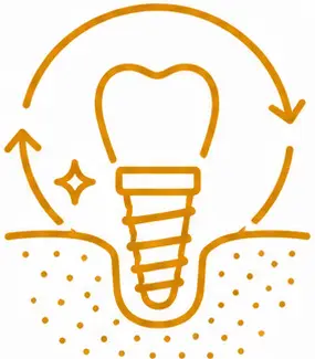 Dental implant graphic illustrating the implant process with a tooth icon and circular arrows, symbolizing restoration and osseointegration in dental care.