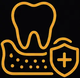 Dental implant icon featuring a tooth above gums and a shield symbolizing protection and oral health, representing LuxOra Dental's commitment to dental implant solutions.