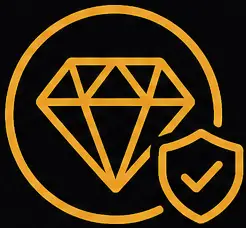 Dental implant icon featuring a diamond symbol and shield, representing quality and safety in dental care at LuxOra Dental.