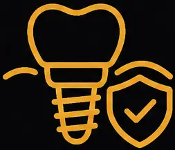 Dental implant graphic featuring a titanium post and shield symbolizing stability and safety in tooth replacement solutions.