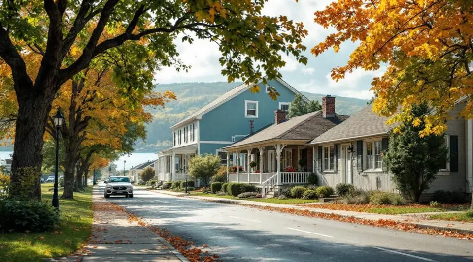 A photoreal street view of a quiet Seven Fields residential neighborhood at dusk with warm porch lights and manicured lawns.