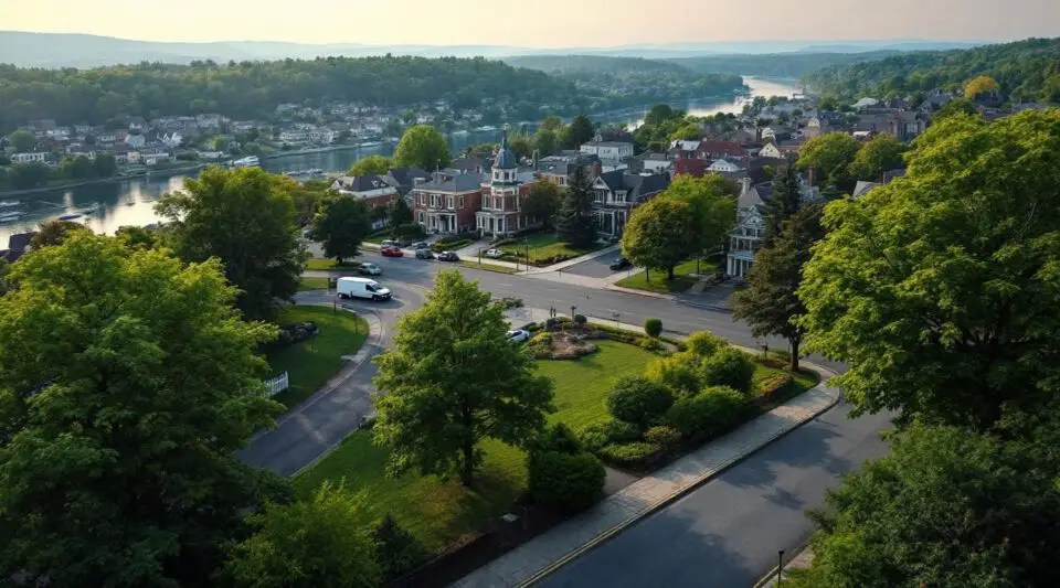 A peaceful morning scene near the intersection of Route 8 and Route 910 in Gibsonia, PA, featuring local suburban architecture.