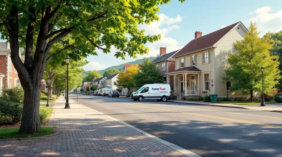 A wide-angle view of the historic Sewickley village business district on Broad Street with its characteristic brick storefronts and mature trees.