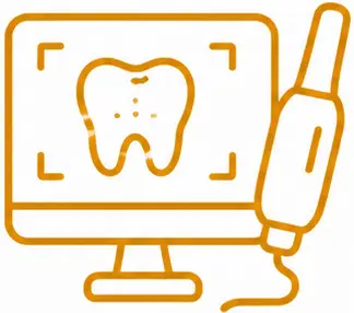 Digital impression technology for crown and bridge dental services, featuring a computer screen displaying a tooth graphic and a scanning device.