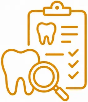 Dental examination checklist with tooth icon and magnifying glass, representing LuxOra Dental's personalized crown and bridge treatment process.