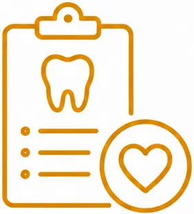 Dental treatment checklist with tooth icon and heart symbol representing patient care and oral health.