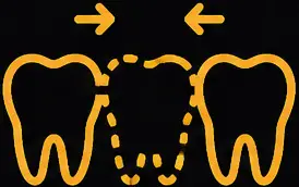 Illustration of dental crowns and bridges concept, featuring two adjacent teeth with a dashed outline indicating a missing tooth in the center, symbolizing tooth replacement and restoration for improved oral health and aesthetics.