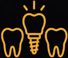 Dental implant graphic with two adjacent teeth, symbolizing dental crowns and bridges for restoring oral health and aesthetics.