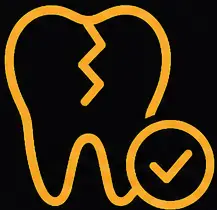 Broken tooth icon with checkmark, symbolizing dental crowns and bridges for restoring damaged teeth and enhancing oral health.