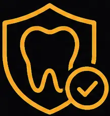 Dental shield icon with a tooth and checkmark, symbolizing dental health and protection, relevant to crown and bridge services at LuxOra Dental.