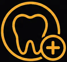 Dental icon featuring a tooth and plus sign, symbolizing dental health and restoration, relevant to crown and bridge services at LuxOra Dental.