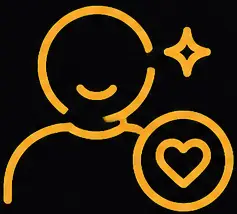 Icon of a smiling person with a sparkling effect and a heart symbol, representing confidence and self-esteem in dental health.