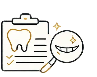 Dental consultation clipboard with a tooth illustration and magnifying glass highlighting a smiling mouth, symbolizing personalized dental aligner treatment planning at LuxOra Dental.