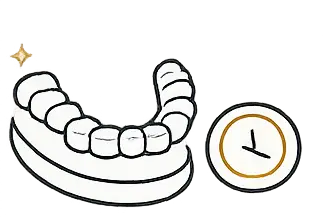 Illustration of clear dental aligners alongside a clock, symbolizing the effective and timely orthodontic treatment process at LuxOra Dental.