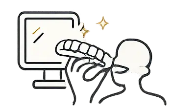 Illustration of a person holding a dental aligner in front of a computer screen, symbolizing the digital consultation process for personalized orthodontic care at LuxOra Dental.