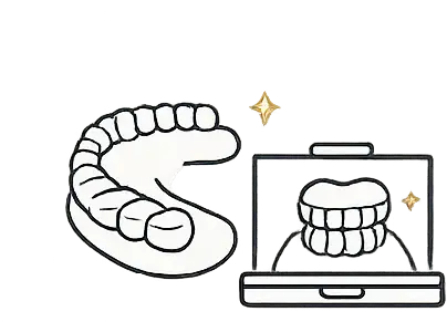 Illustration of dental aligners and a digital scan, representing the custom-made clear aligner process at LuxOra Dental for orthodontic treatment.
