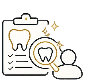 Dental consultation process illustration featuring a tooth graphic, checklist, and magnifying glass, symbolizing personalized orthodontic care and progress monitoring at LuxOra Dental.