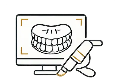 Illustration of a digital teeth scanning process for custom clear aligners, featuring a monitor displaying a dental model and a scanning device, emphasizing LuxOra Dental's advanced orthodontic technology.