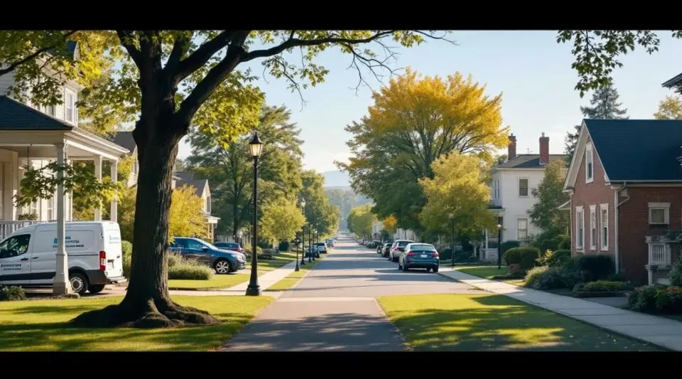 A serene morning view of a residential street in Franklin Park, PA, with mature oak trees and traditional North Hills homes.