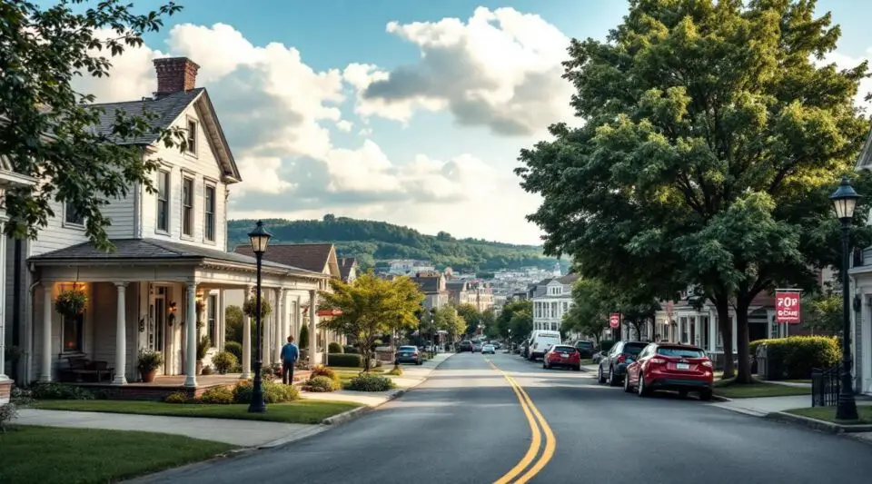 A peaceful morning view of Main Street in Evans City, PA, featuring historic brick architecture and local storefronts.