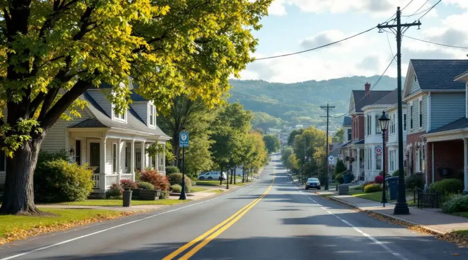 A peaceful morning view of a residential neighborhood in Butler, PA, featuring traditional brick homes and mature trees.