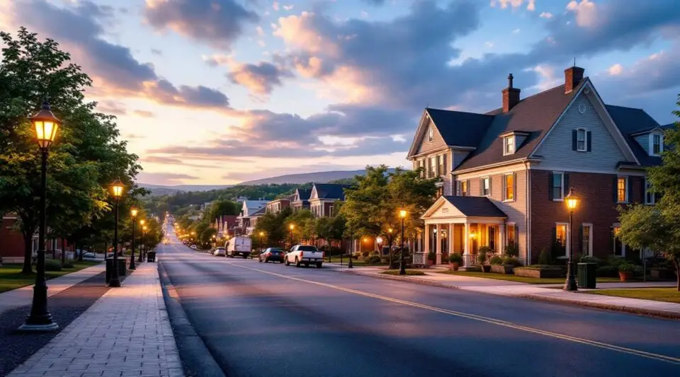 A peaceful morning view of Merchant Street in Ambridge, PA, with historic brick buildings and the Ohio River valley mist.