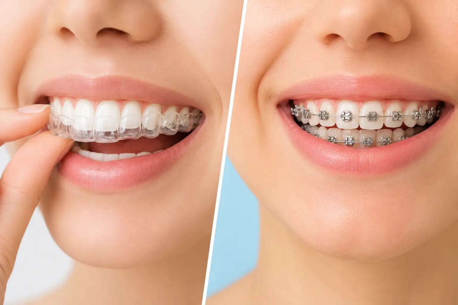 Close-up comparison of clear aligners and traditional metal braces on a smiling person's teeth, highlighting two orthodontic treatment options.