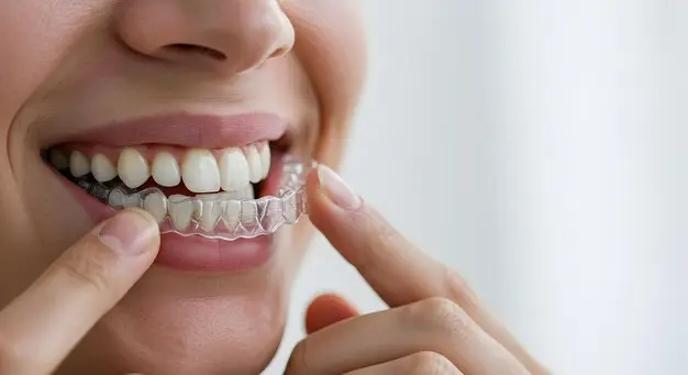 Smiling woman adjusting clear dental aligner for teeth straightening